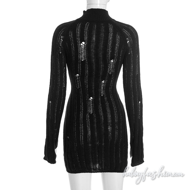 Long sleeve high neck hollow out solid mini dress