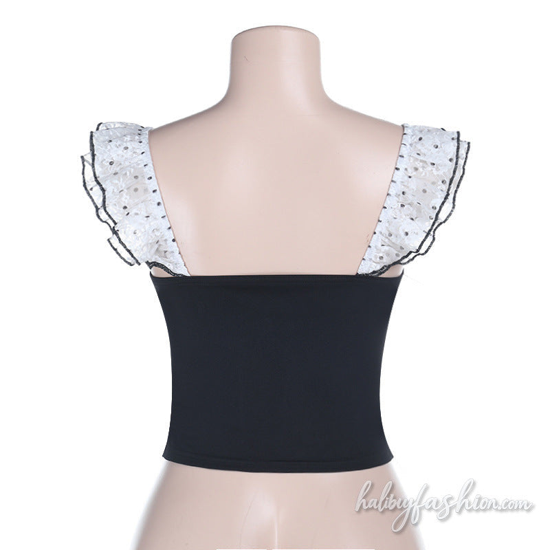 Polka dot ruffle corset contrast top
