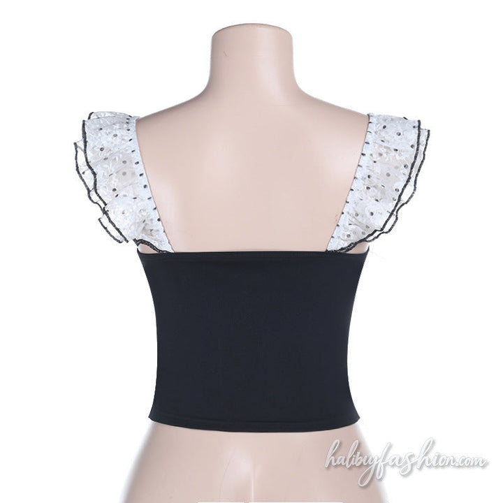 Polka dot ruffle corset contrast top