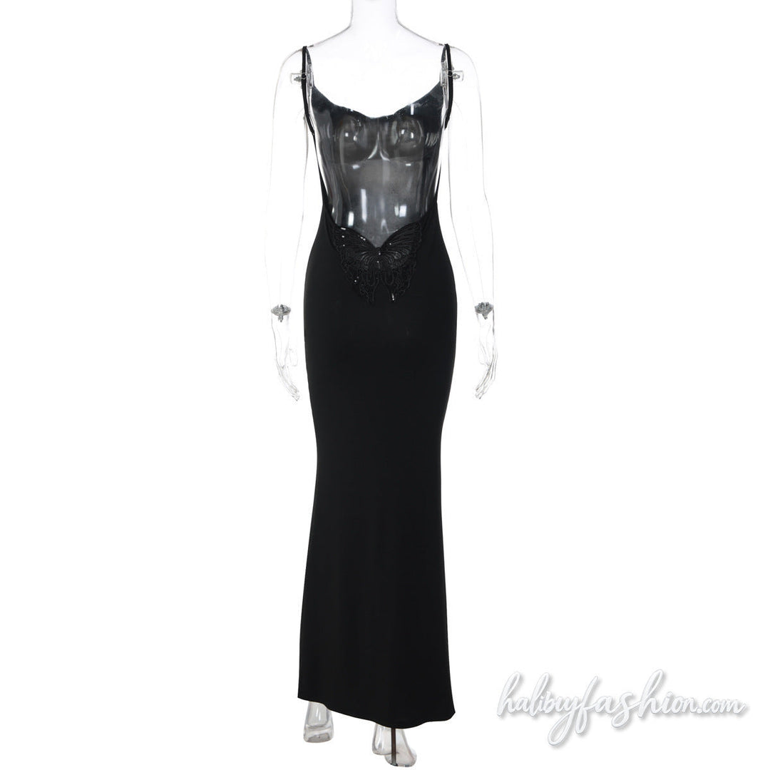 Glitter butterfly embroidery cowl neck cami maxi dress - Halibuy - 5