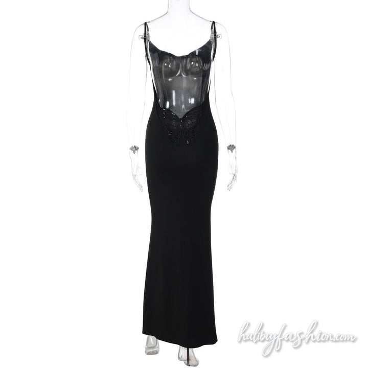 Glitter butterfly embroidery cowl neck cami maxi dress - Halibuy - 5