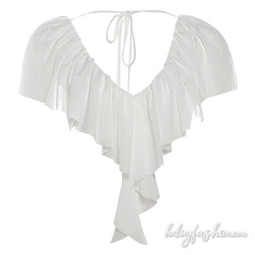 Ruched v neck mesh self tie solid top
