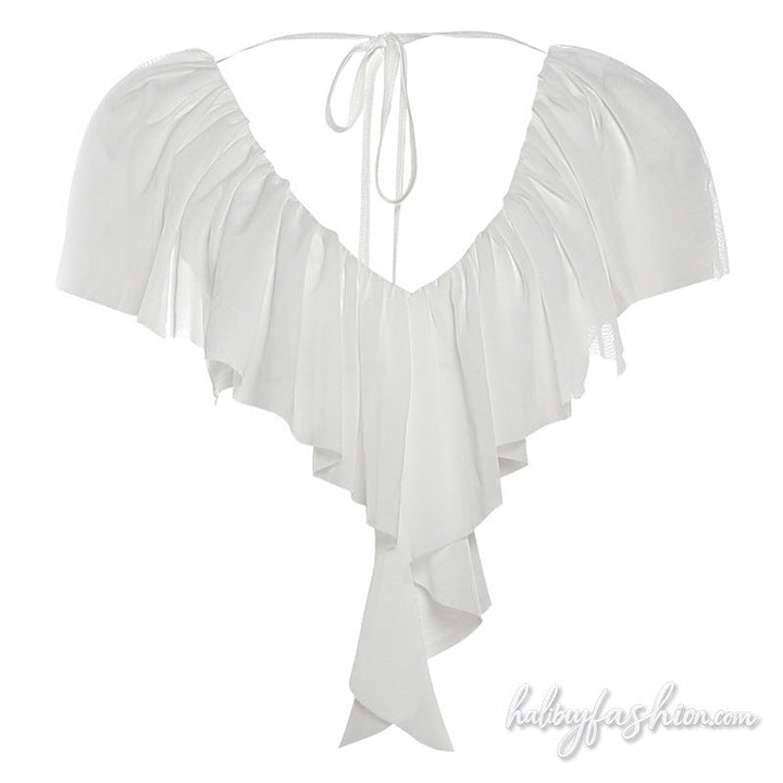 Ruched v neck mesh self tie solid top