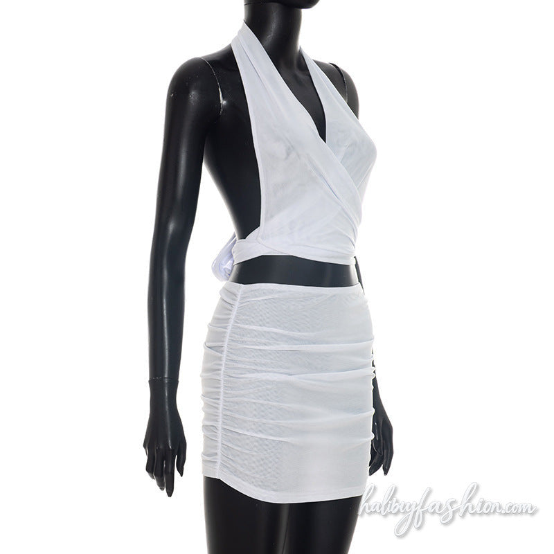 Halter mesh ruched self tie backless mini skirt set