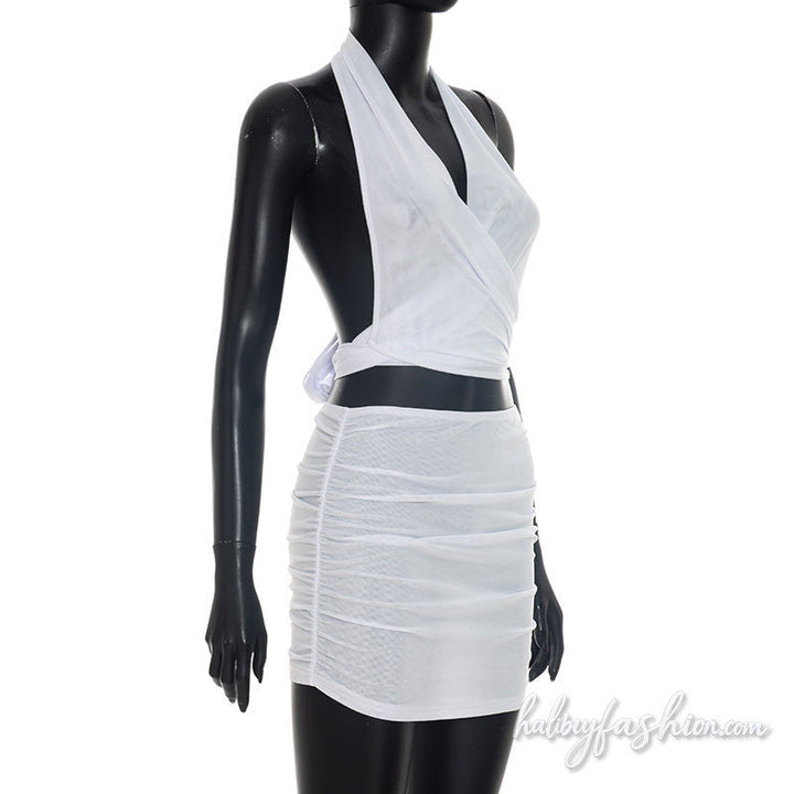 Halter mesh ruched self tie backless mini skirt set