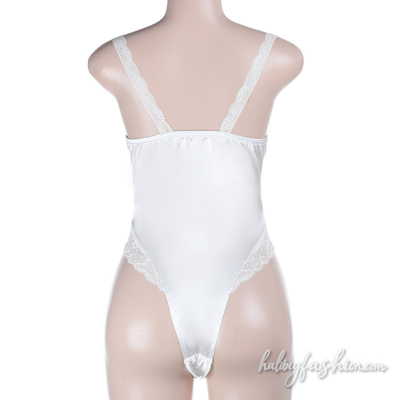 Lace hem satin backless solid cami bodysuit