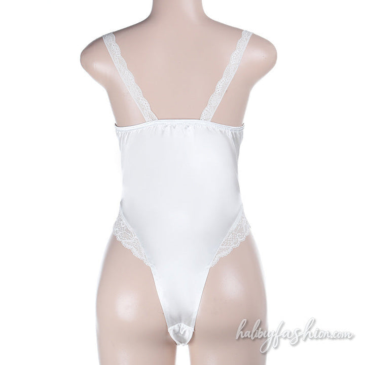 Lace hem satin backless solid cami bodysuit