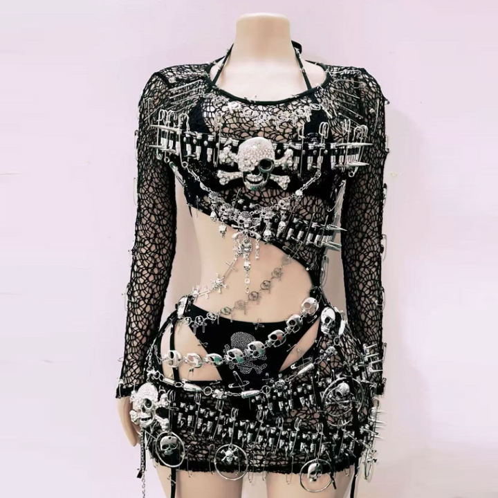 Long sleeve hollow out skull applique fishnet cut out mini dress  | Festival Outfits Women