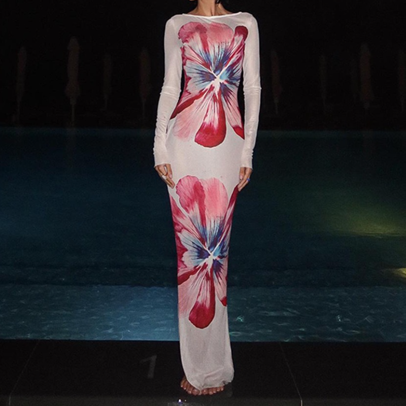 Long sleeve crewneck mesh flower print maxi dress  | Festival Outfits Women