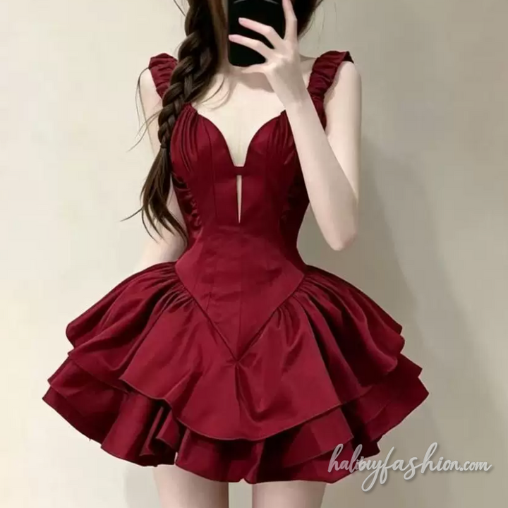 Ruched hollow out ruffle v neck solid mini dress