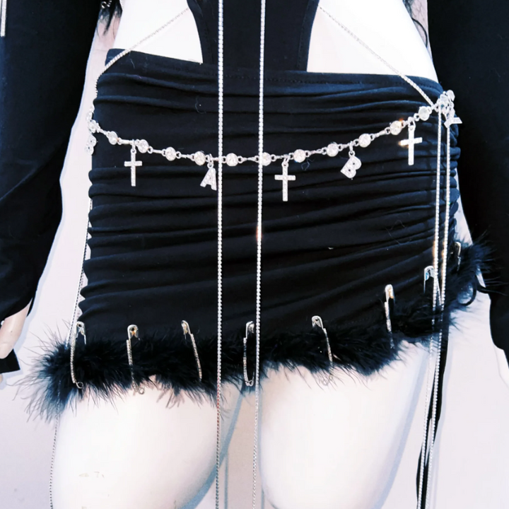 Metal chain v neck halter fluffy mini skirt set