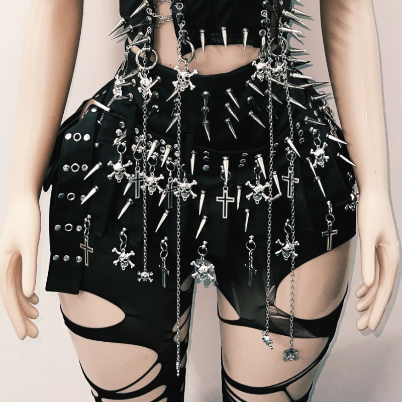 Rivet halter PU leather skull applique leg warmer top  | Festival Outfits Women
