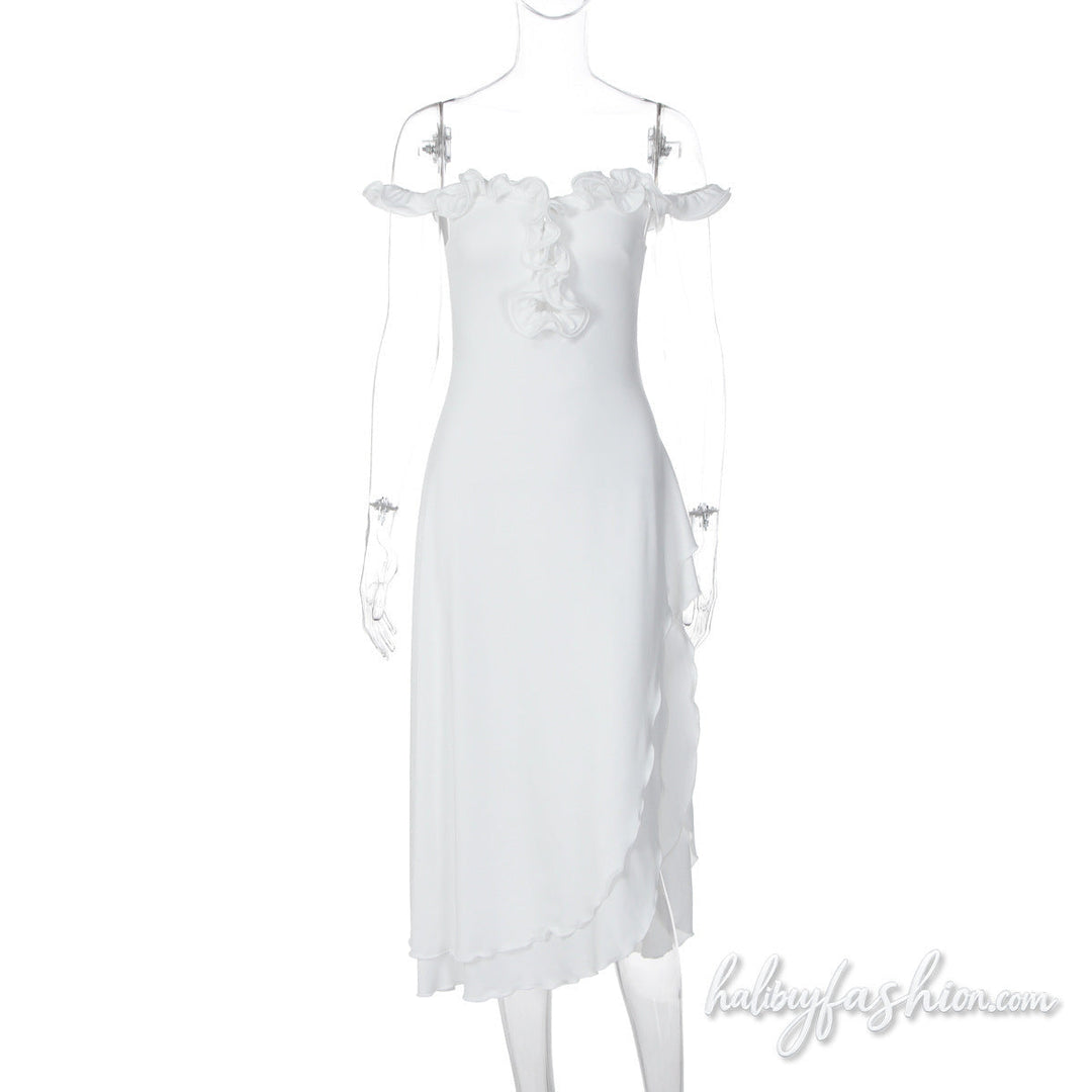 Off shoulder ruffle slit irregular hollow out midi dress - Halibuy - 2