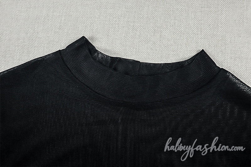Long sleeve crewneck ruched mesh solid mini dress - Halibuy - 7