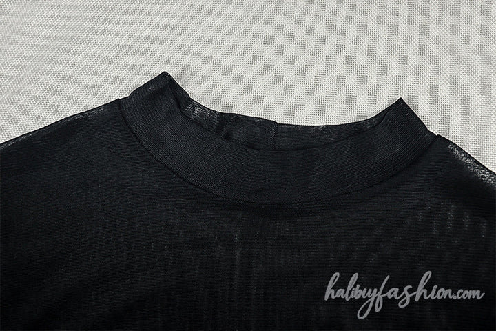 Long sleeve crewneck ruched mesh solid mini dress - Halibuy - 7