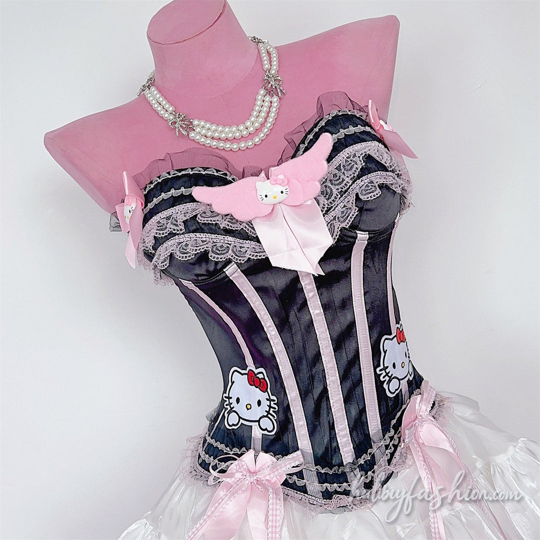 Lace hem bowknot Kitten embroidery tube top