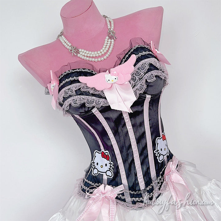 Lace hem bowknot Kitten embroidery tube top