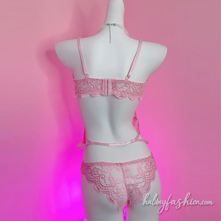 Fluffy heart print metal chain cross applique mini skirt set