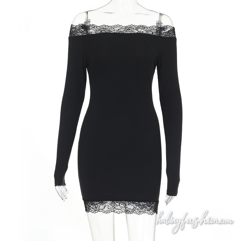 Off shoulder lace hem long sleeve solid mini dress