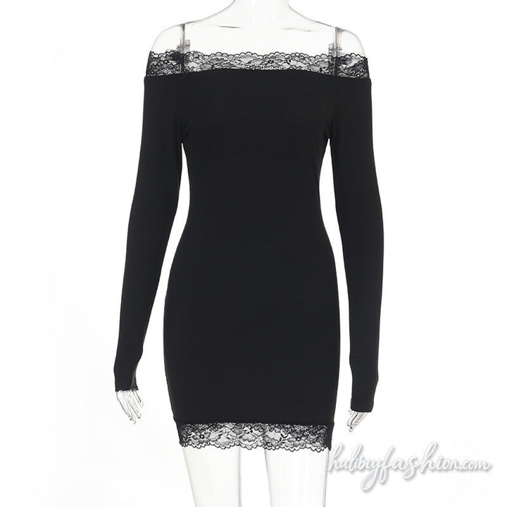 Off shoulder lace hem long sleeve solid mini dress