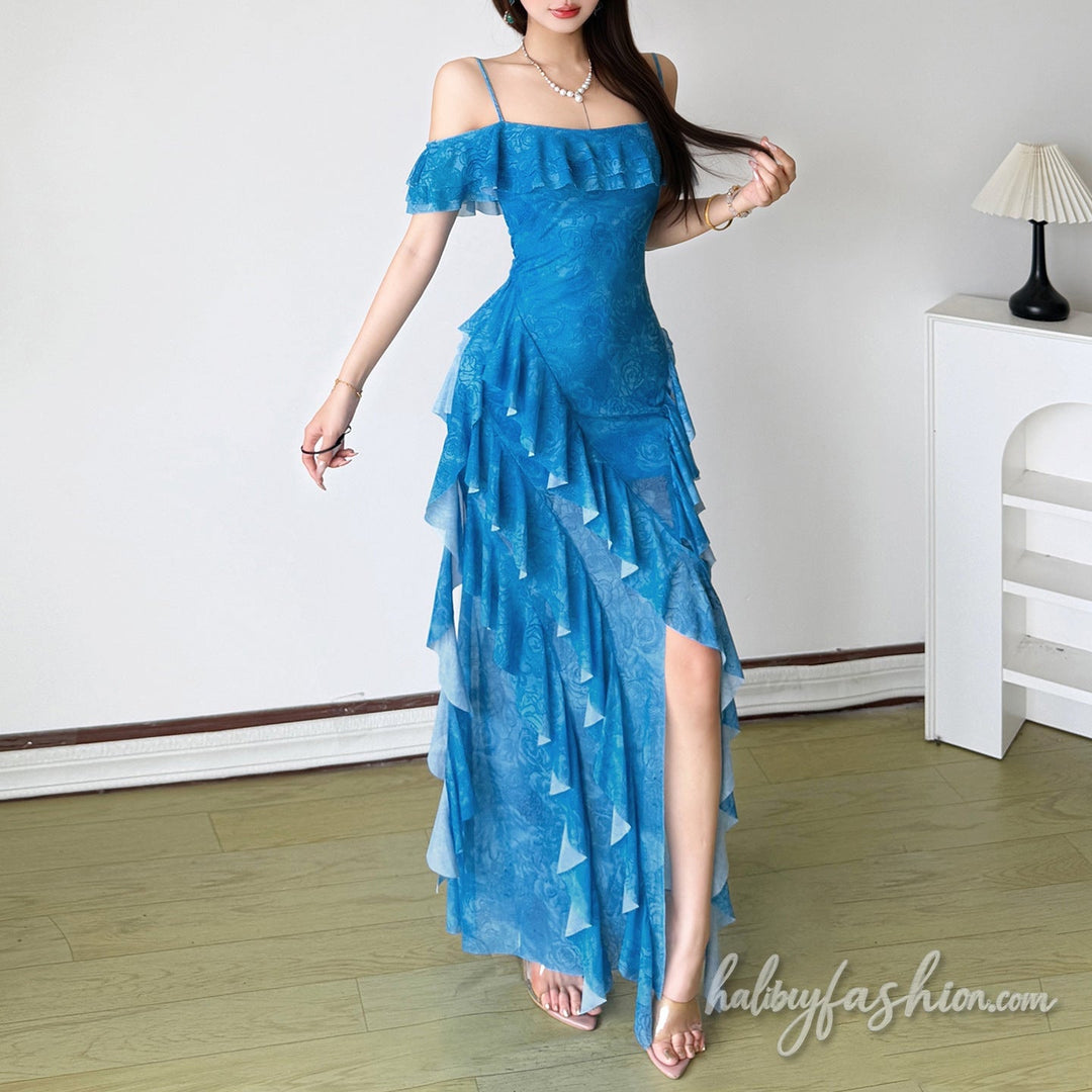 Ruffle irregular slit off shoulder mesh maxi dress