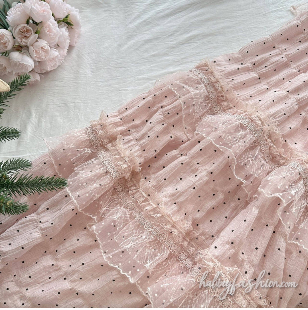 Polka dot bowknot ruffle ruched halter maxi skirt set - Halibuy - 2