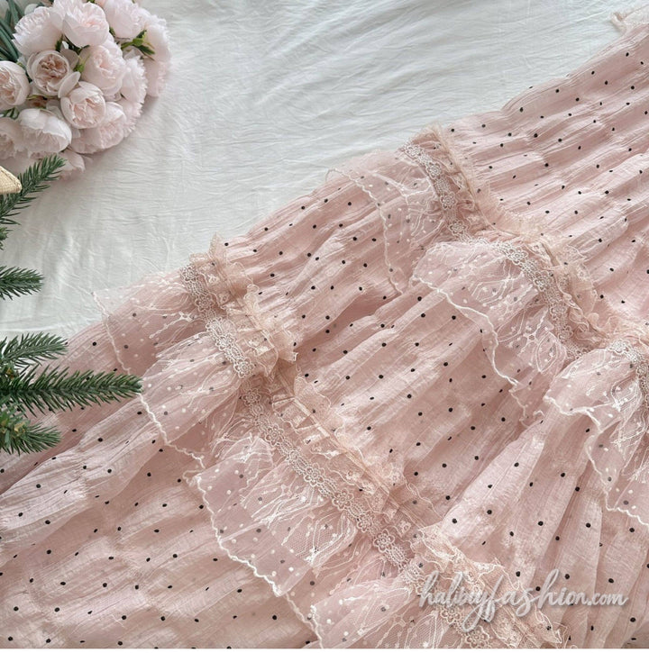 Polka dot bowknot ruffle ruched halter maxi skirt set - Halibuy - 2