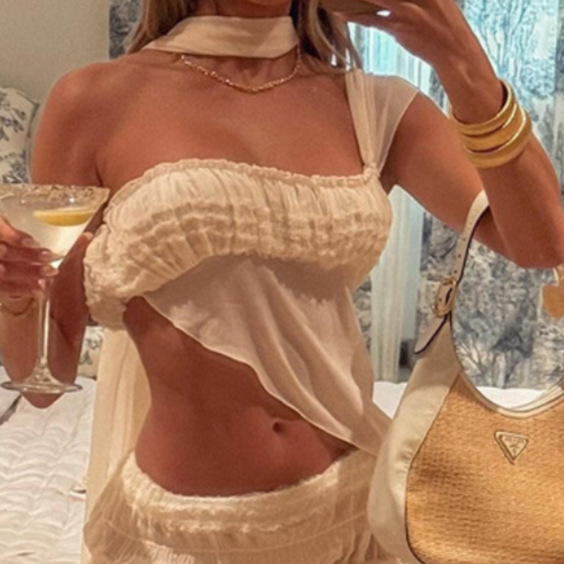 One shoulder mesh maxi skirt set  | Festival Outfits Women