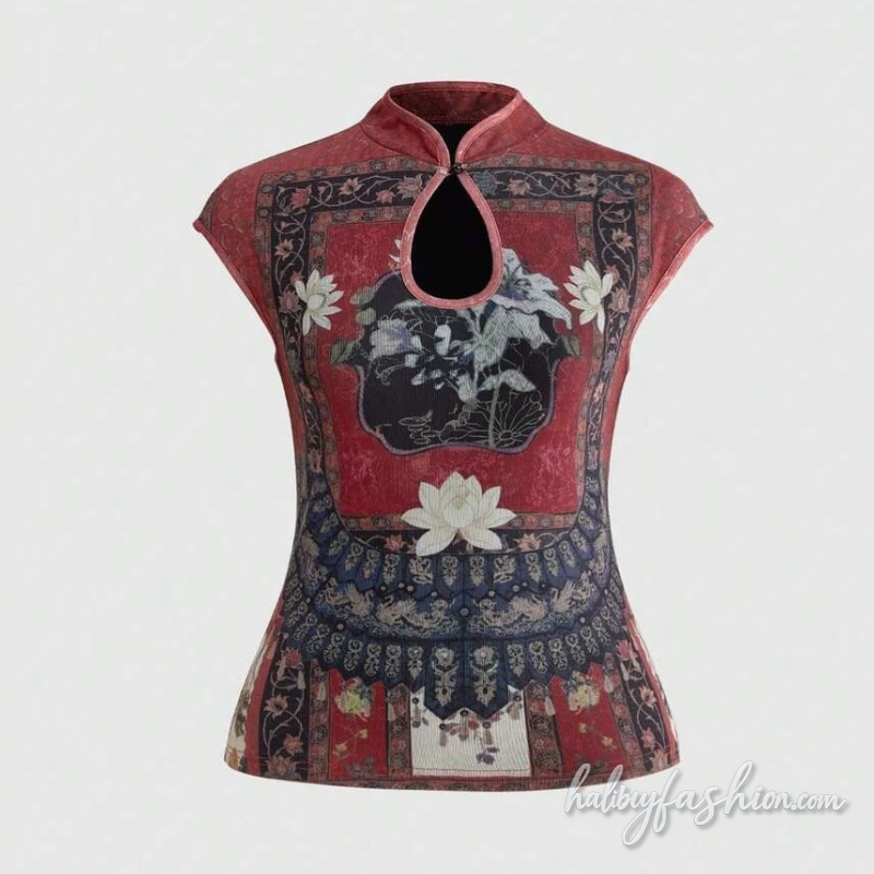 Hollow out cap sleeve flower print top