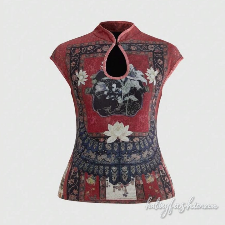 Hollow out cap sleeve flower print top