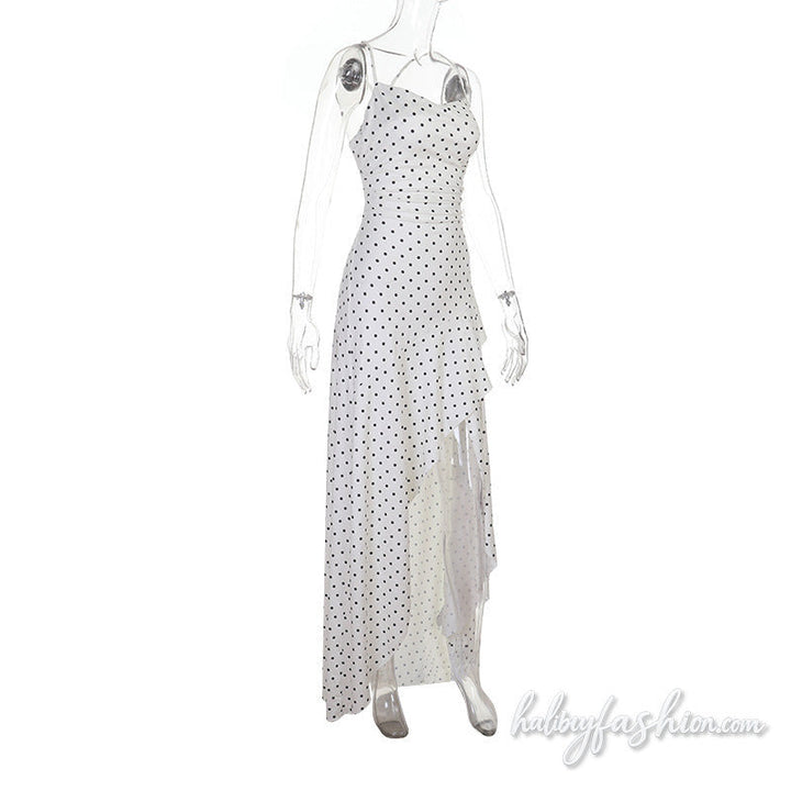 Polka dot irregular cross back self tie maxi dress