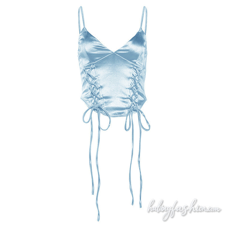 V neck lace up metallic backless cami top - Halibuy - 4