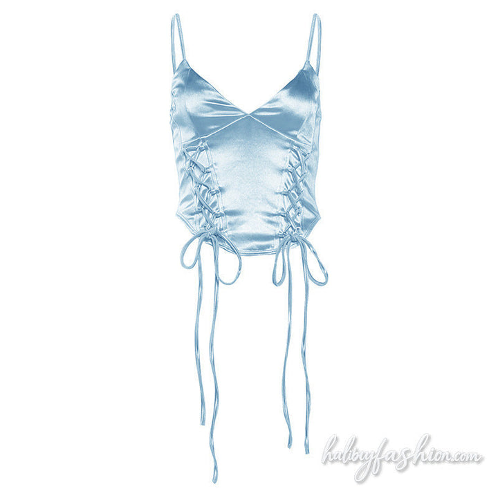 V neck lace up metallic backless cami top - Halibuy - 4