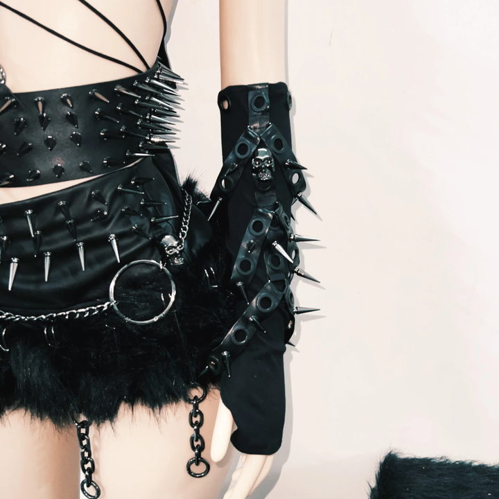 Self tie skull applique rivet hollow out cut out top  | Festival Outfits Women