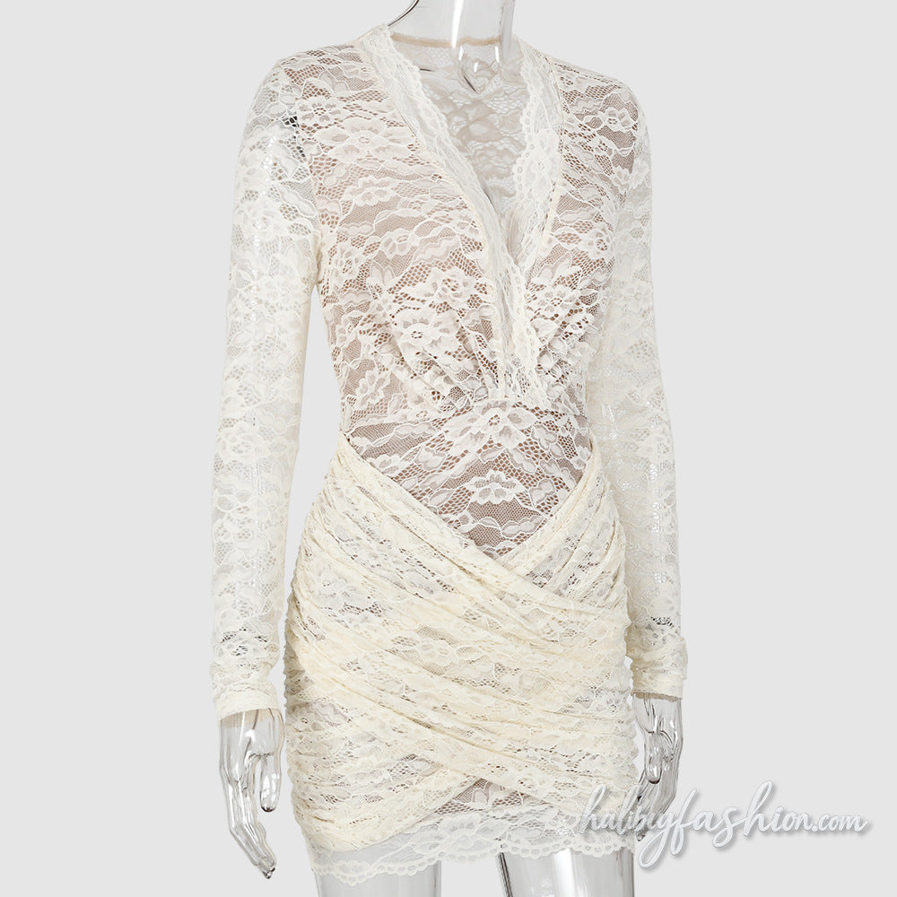 Long sleeve lace ruched v neck mini dress - Halibuy - 3
