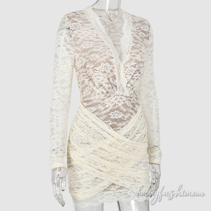 Long sleeve lace ruched v neck mini dress - Halibuy - 3