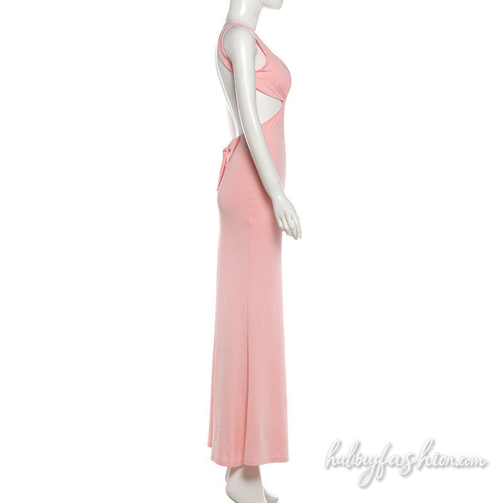 Ruched bowknot solid backless cami maxi dress