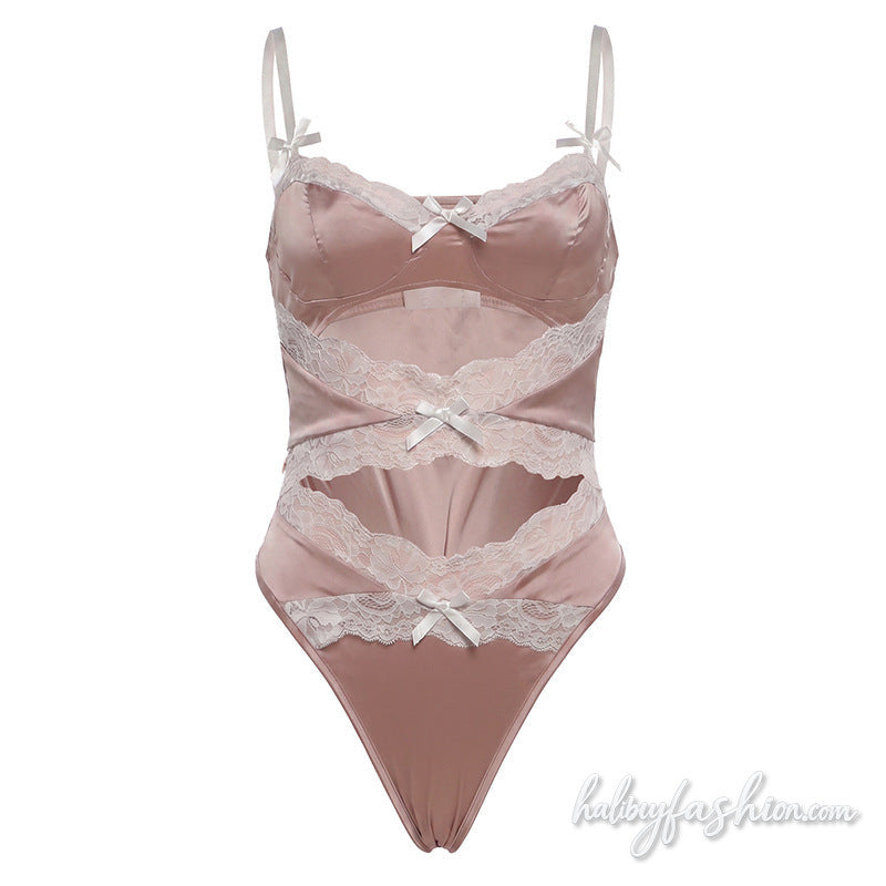 Bowknot lace hem v neck button cami bodysuit