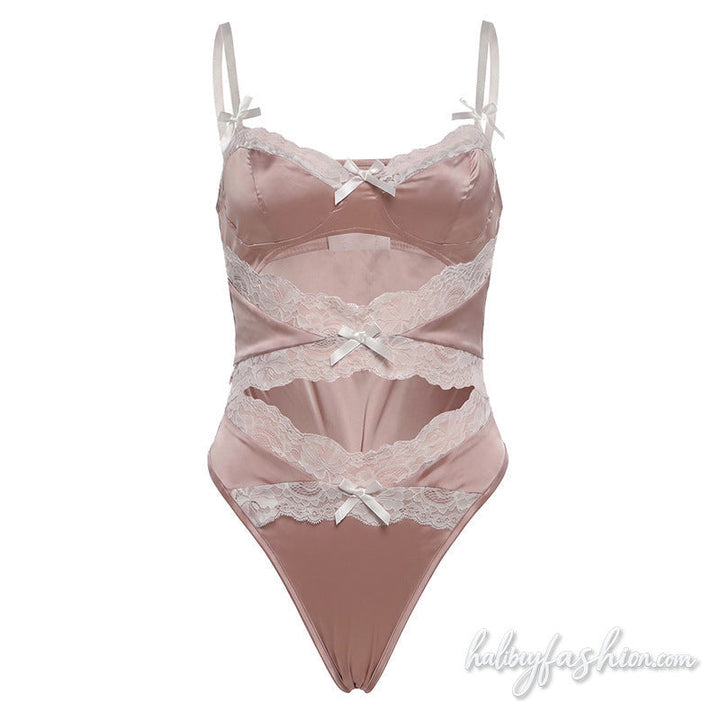 Bowknot lace hem v neck button cami bodysuit