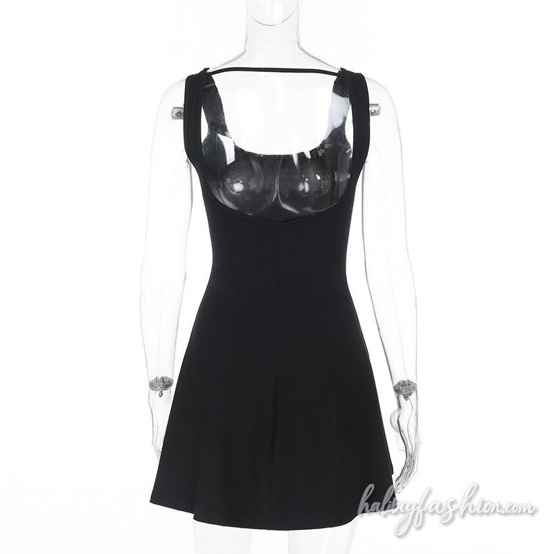 U neck backless solid A line cami mini dress