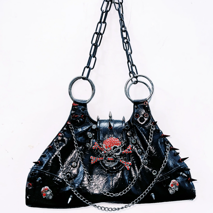 PU leather skull applique metal chain rivet handbag  | Festival Outfits Women