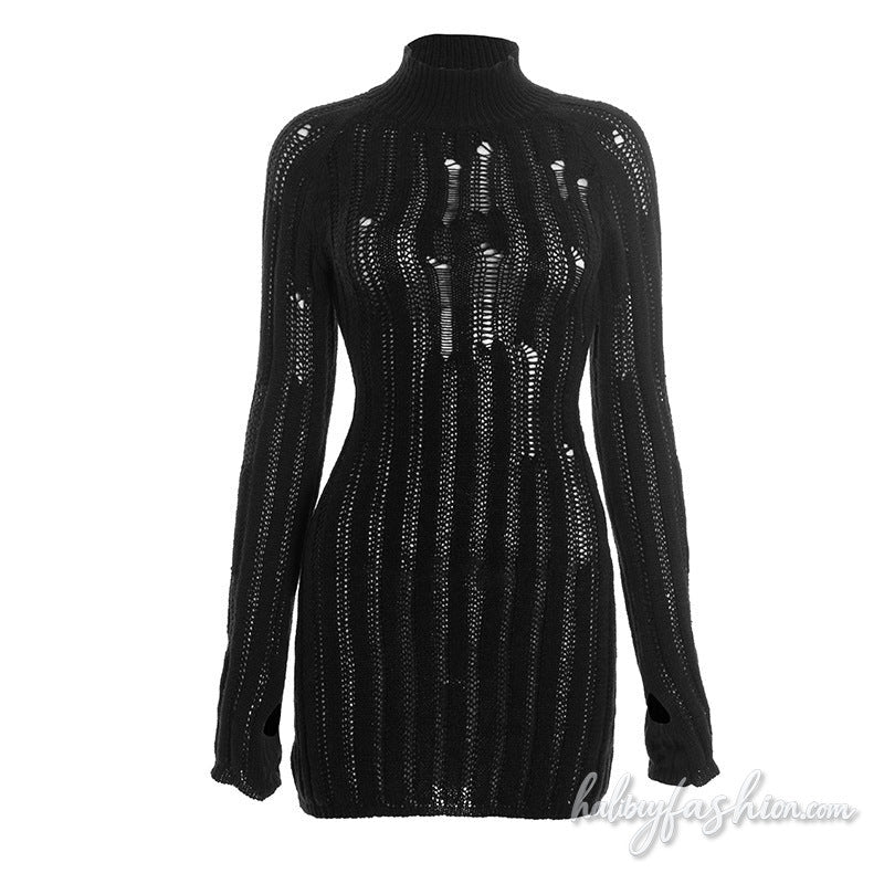 Long sleeve high neck hollow out solid mini dress