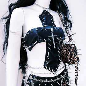 Cross applique metal chain hollow out cut out top  | Festival Outfits Women