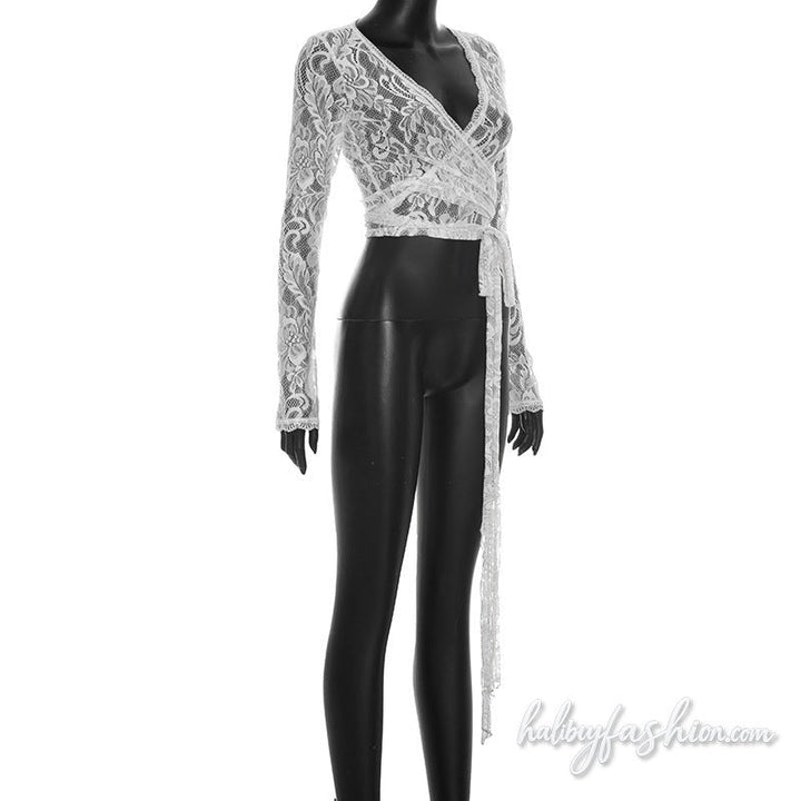 Long sleeve lace see through v neck self tie top - Halibuy - 4