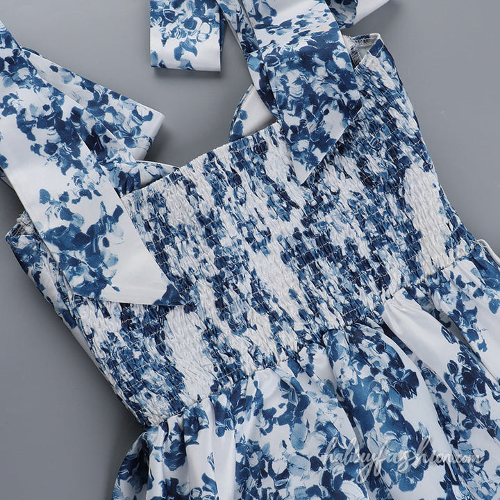 Print v neck smocked self tie cami mini dress