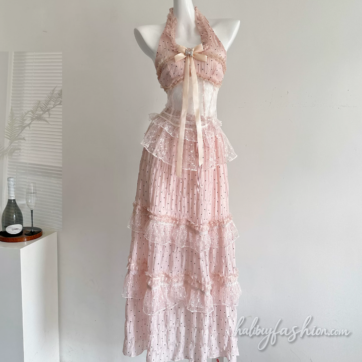 Polka dot bowknot ruffle ruched halter maxi skirt set - Halibuy