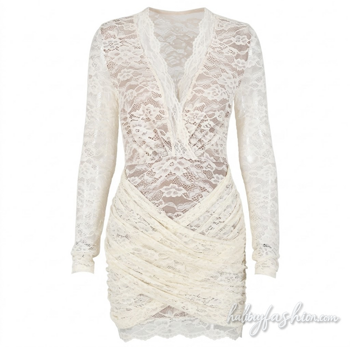Long sleeve lace ruched v neck mini dress - Halibuy