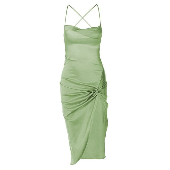 Sleeveless cross back cowl neck slit lace up self tie backless midi dress-final-sale