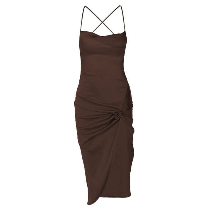 Sleeveless cross back cowl neck slit lace up self tie backless midi dress-final-sale