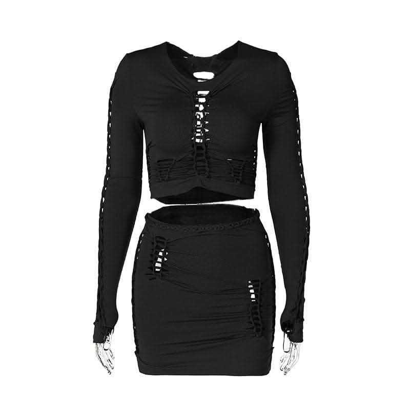 Long sleeve solid hollow out round neck ruched crop top skirt set-final-sale  | Festival Outfits Women